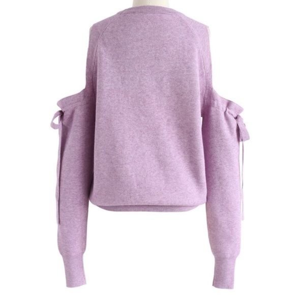 Barbiecore Pink Self Tie Bow Sleeve Cold Shoulder Sweater Size Small - Picture 3 of 13